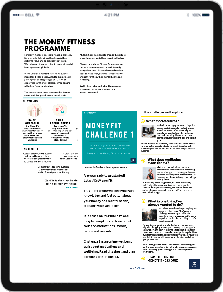 Tablet device displaying a sample of ZavFit educational content